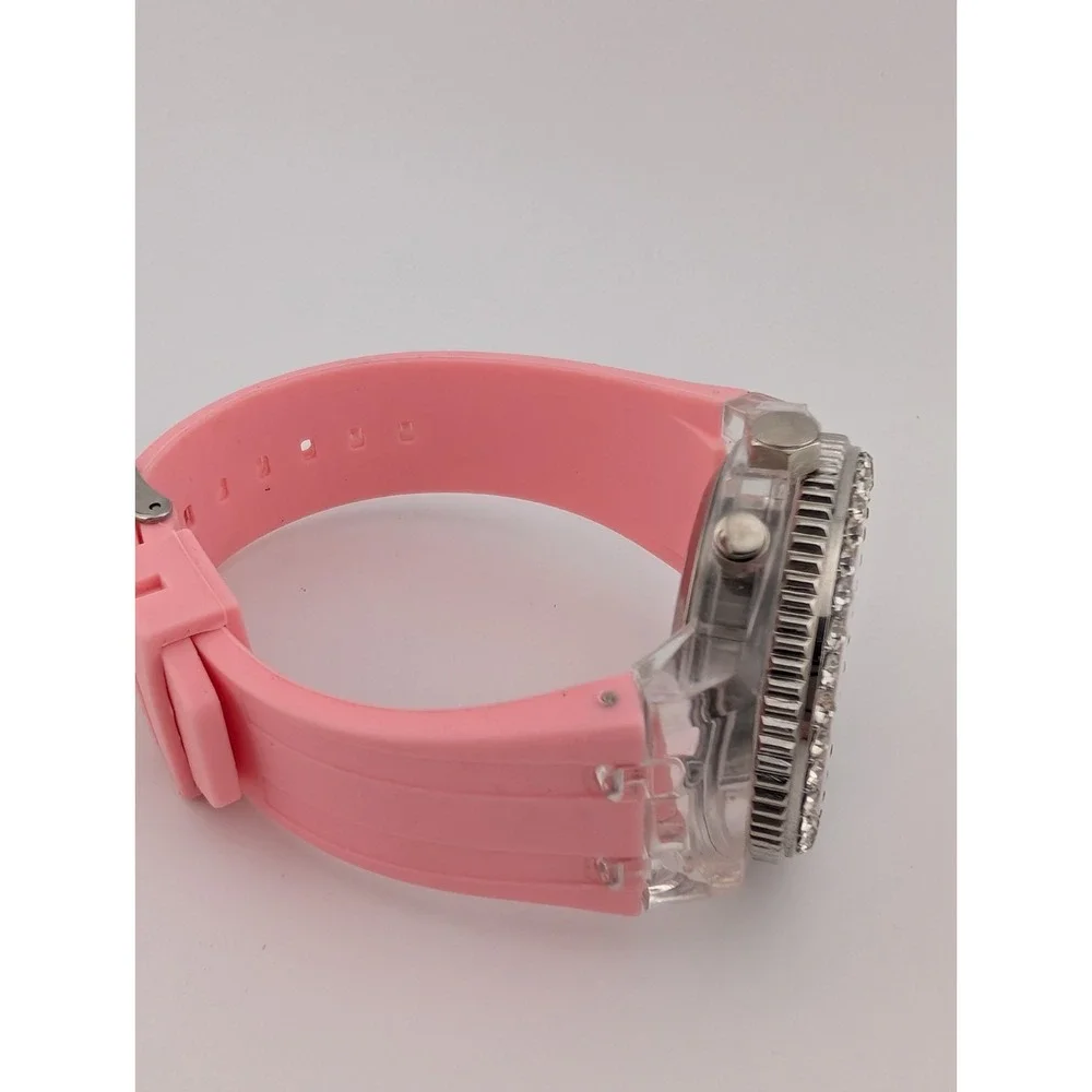 Geneva Watch Women 45mm Case Light  Up Dial Pink Silicone Band- New‎ Battery